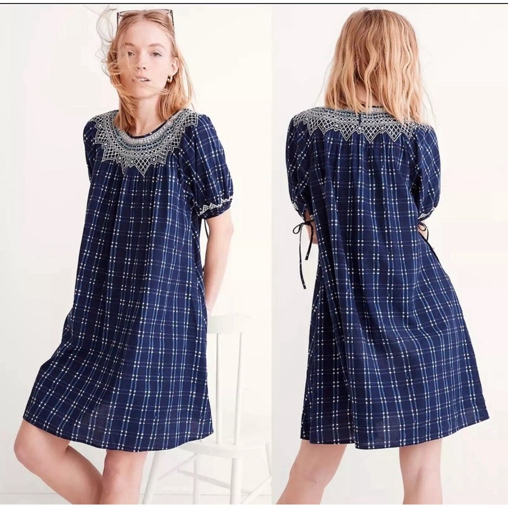 NWT Madewell Embroidered Neck Puff-Sleeve Dress Indigo Plaid Retro Cottagecore S